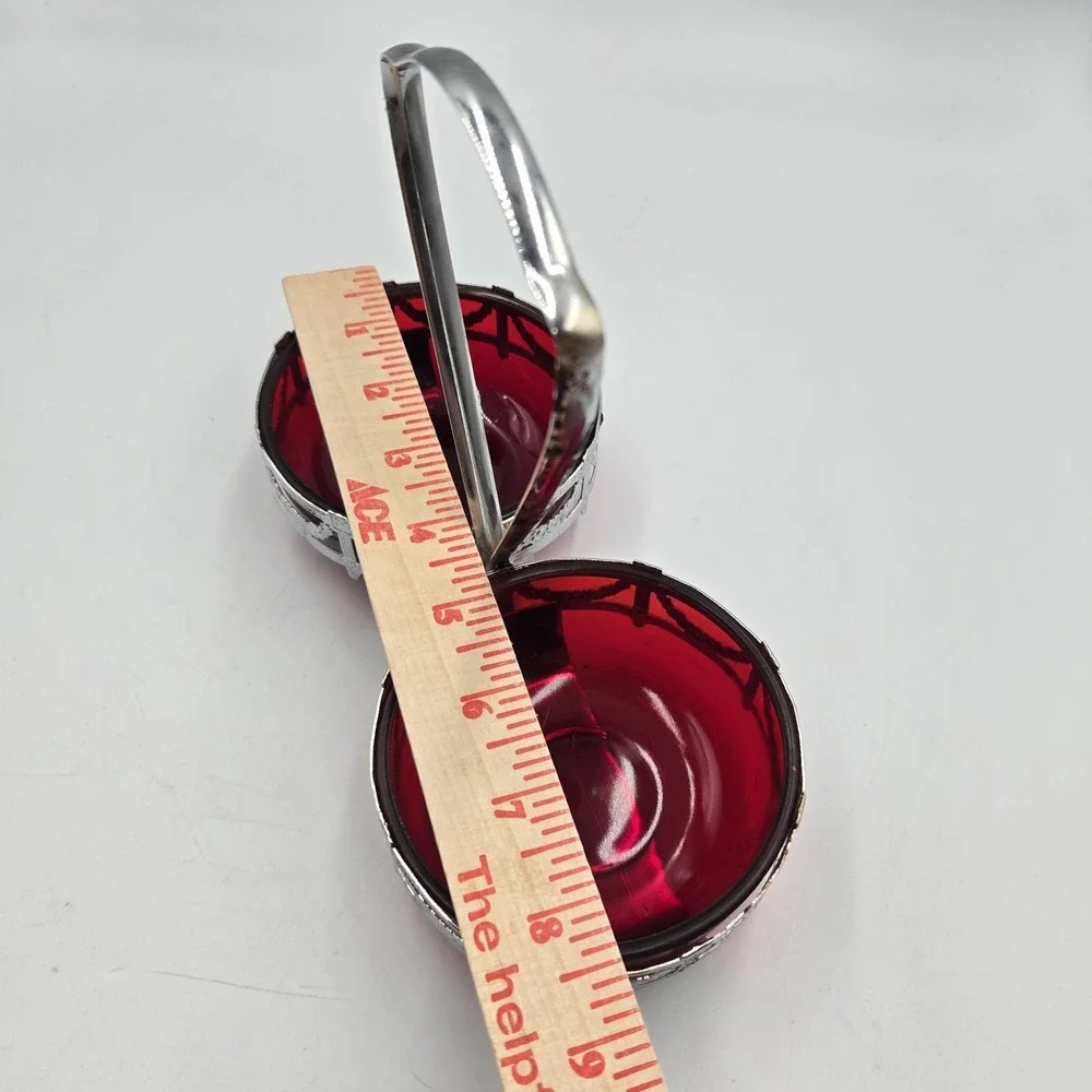 VTG MCM Red Amberina Glass Bowls Chrome Condiment Caddy Swag of Roses Ruby Red